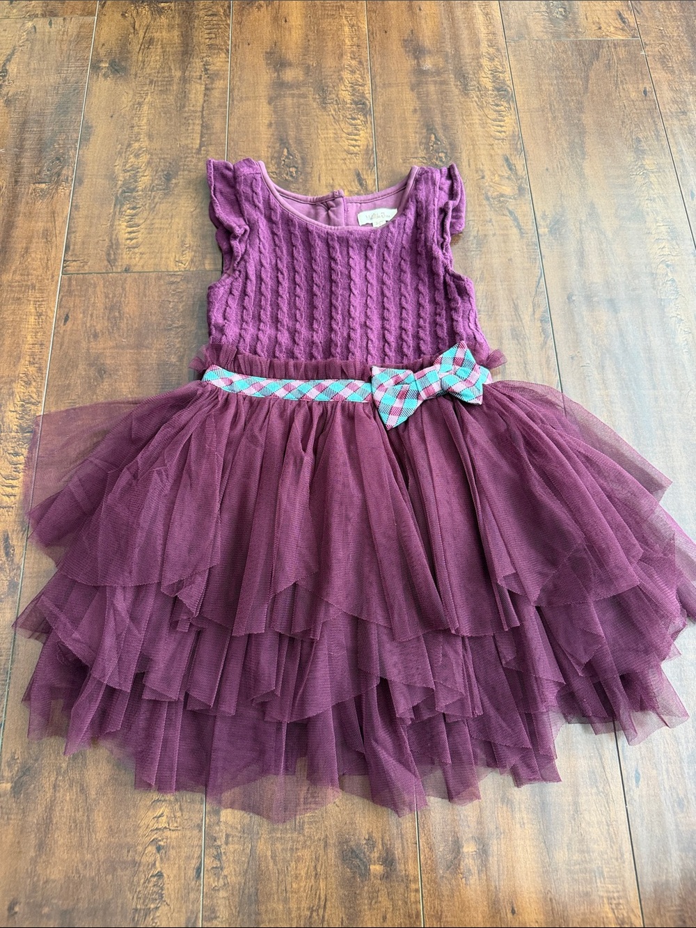 Matilda Jane Plum Tiered Tulle Dress with Plaid Bow